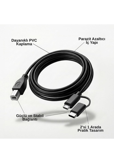 Lexroo Type-c + Micro Usb To Usb-b Yazıcı/mıdı Bağlantı Kablosu Standart