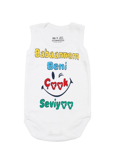 Bebegen Unisex Beyaz Babaannem Beni Çok Seviyor Yazılı Askılı Zıbın Çok Renkli