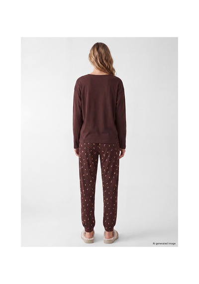 Lcw Dream Kahverengi Bisiklet Yaka Baskılı Kadın Pijama Takım