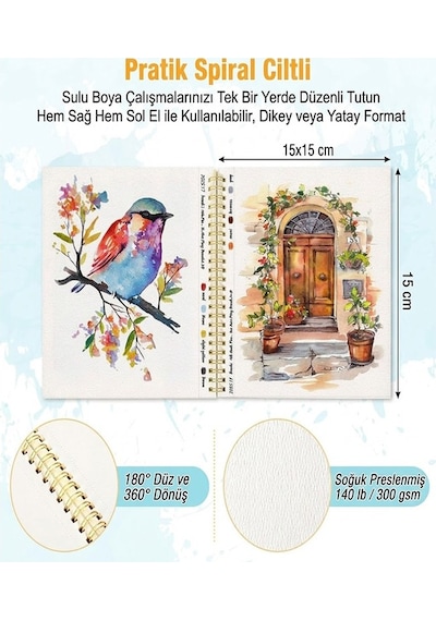 Telli Suluboya Eskiz Defteri 20x20 Cm 1 Adet Herboy 300 Gr Sulu Boya Eskiz Defteri Karakalem Çizim 12 Sayfa Dokulu Kağıt