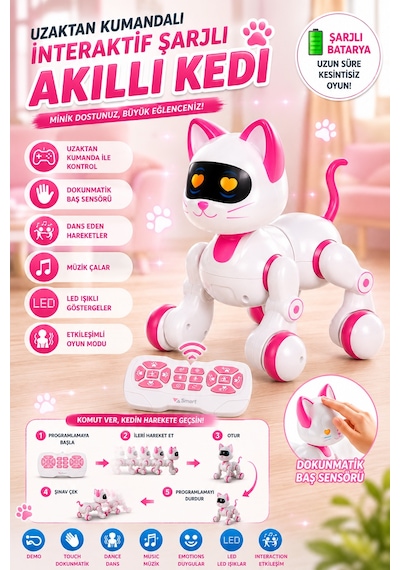 Uzaktan Kumandalı İnteraktif Şarjlı Akıllı Kedi