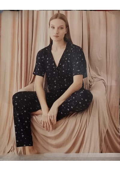 Pijamoni Kadın Viskon Boydan Düğmeli Kısa Kol İnce Pijama Takımı 7510/3 - 1 Adet Siyah