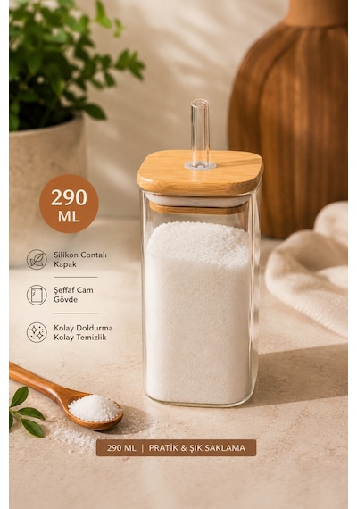 Porsima Cubes 2'li Bambu Kapaklı Borosilikat Cam Yağlık Ve Baharatlık Seti 290 Ml 6x10 Cm