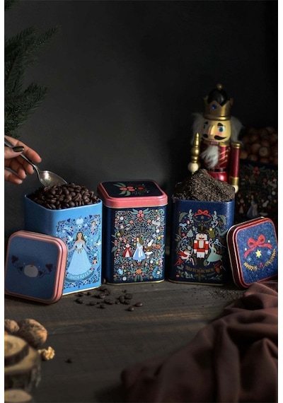 Fairytale Desenli 3'lü Kare Metal Saklama Kabı Seti, 8,7 X 8,7 X 12,5 Cm, 1 Lt