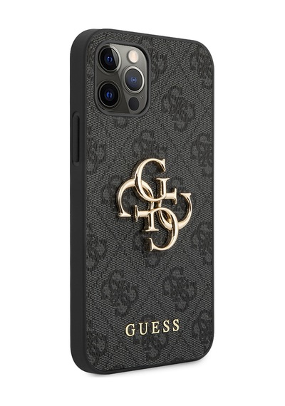Apple Uyumlu iPhone 12 Pro Max Kılıf Guess Lisanslı Pu Deri Büyük Metal Logo Dizaynlı Kapak Gri