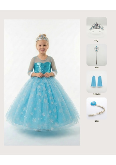 Butikhappykids Frozen Elsa Kostümü Uzun Kollu Kız Çocuk Prenses Elbisesi Taç+asa+saç+eldiven Hediyeli Mavi