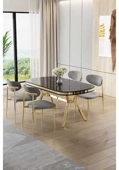 Canisa Olya Serisi 90x168 Lak Panel Sonata Masa Takımı Gold Ayaklı 4 Gri Sandalye Sonata Masa Gri Sandalye Canisa Olya Serisi 90x168 Lak Panel Sonata Masa Takımı Gold Ayaklı 4 Gri Sandalye Sonata Masa Gri Sandalye