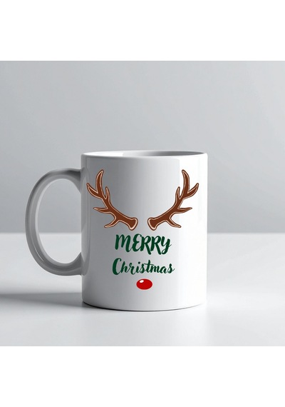Merry Christmas Yazılı Geyik Boynuzlu Yılbaşı Kupası Model 212 Baskılı Seramik Kahve Kupası Diğer