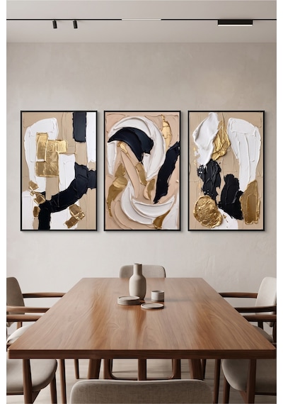 Siyah Ahşap Çerçeveli Soyut Siyah Beyaz Gold Duvar Tablosu 3 Lü Set Dokulu Modern Tasarım Modern Dekorasyon Kabartma Görünümlüdür Siyah - 925628118 Siyah