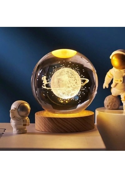 3d Kristal Cam Küre Ahşap Kaideli Gece Lambası - Satürn