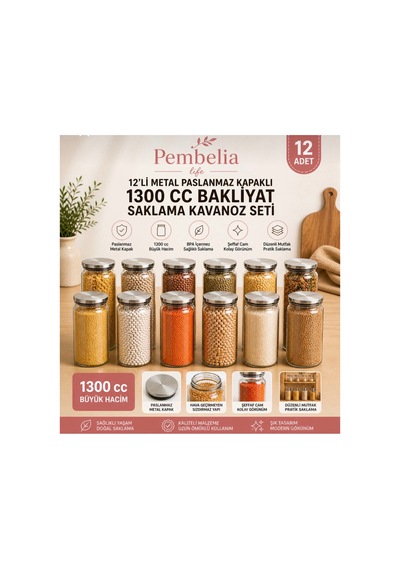 12 Adet 1300cc Metal Vakum Kapaklı Cam Bakliyat Baharat Erzak Saklama Kavanoz Seti Gri Gri