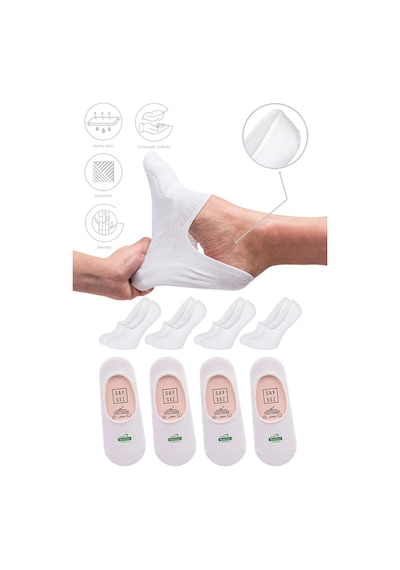 Saysez Bambu Kadın Babet Beyaz Çorap Dikişsiz Görünmez Kaydırmaz Topuk Silikonlu Premium 4'lü Paket Renkli