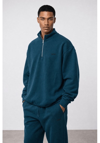 Erkek Respire Basic Half Zip Oversize Sweatshirt Zümrüt Zümrüt Yeşili