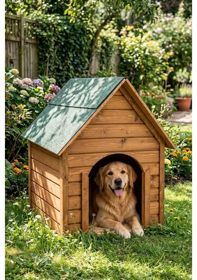Reyo Büyük Boy Köpek Kulübesi, Lambiri Ahşap Şıngıl Çatılı Soğuk ve Rüzgara Dayanıklı Köpek Evi Demonte 100 x 100 x 78 CM