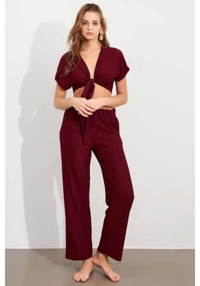 Defymoda Kadın Bürümcük Kumaş Pantolonlu Takım Bordo