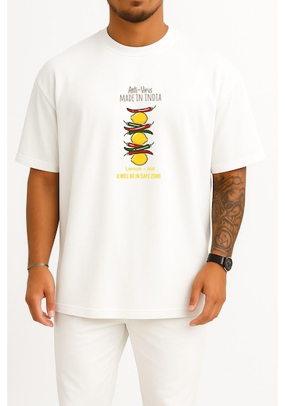 Bahriyeli Collection Oversize Antivirus Made İn İndia Limon Ve Aid Göğüs Baskılı Unisex T-shirt Beyaz