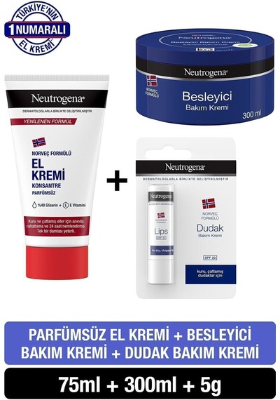 Neutrogena Besleyici Bakım Kremi 300 ML + Dudak Bakım Kremi 9 G + El Kremi 75 ML