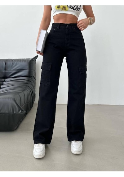 Lavajeans Siyah Solmaz Altı Cep Kargo Pantolon Yüksek Bel Wide Leg Siyah Bej