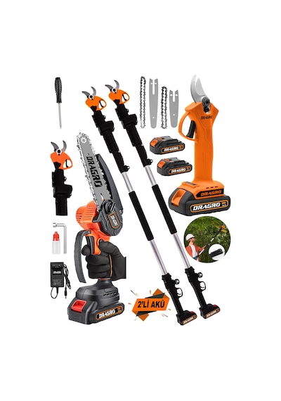Dragro Alman DRG-598 VF 20 AH 2'li Set 2 Akülü Çift Teleskop Şarjlı Ağaç Dal Kesme Budama Makinesi