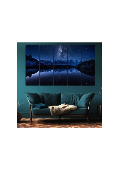 Gece, Göl Manzara, Dağlar - 5 Parçalı Tablo Görsel - 702503782 Görsel