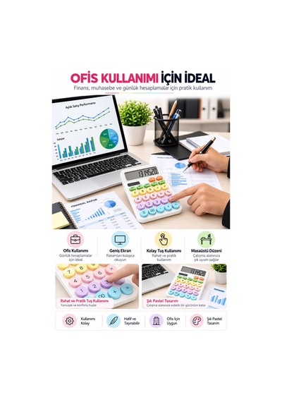 Lcd Ekran Hesap Makinesi 12 Haneli Hesap Makinesi Pastel Beyaz