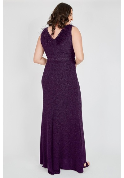 Ladies First Büyük Beden 3472 Patlıcan Moru Uzun Abiye Elbise 001