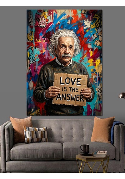 Einstein Aşk Cevaptır Yazılı Tablo Dekoratif Kanvas - Mdf Ahşap Tablo