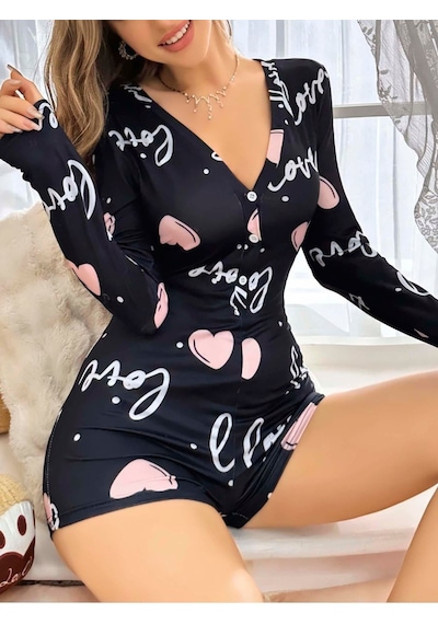 İkikareshop Kadın Siyah Kalp Desenli Love Yazılı Pijama Tulumu 5124 Çok Renkli