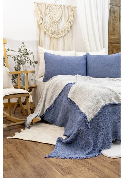 Müslin 4 Katlı Yatak Örtüsü İndigo Renk Çift Kişilik Pike 240x230 Cm Diğer