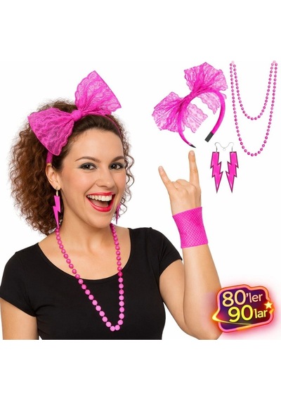 Tedar 80 Ler 90 Lar Neon Pembe Parti Seti Kolye Küpe Taç Najmaddin "
