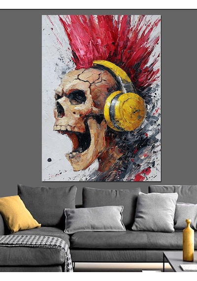 Kulaklıklı Punk Kuru Kafa Dekoratif Kanvas - Mdf Ahşap Tablo