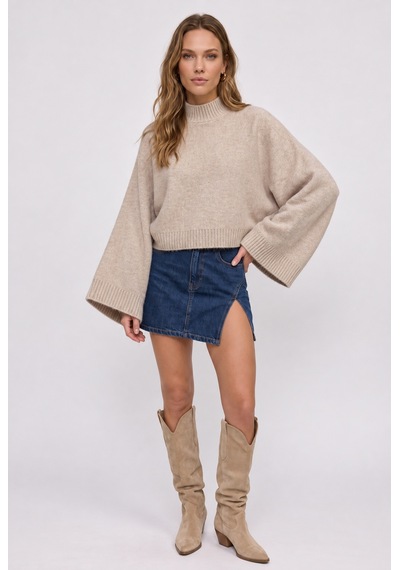 Neden Tekstil Kadın Premium Yarasa Geniş Kol Crop Triko Kazak - Taupe