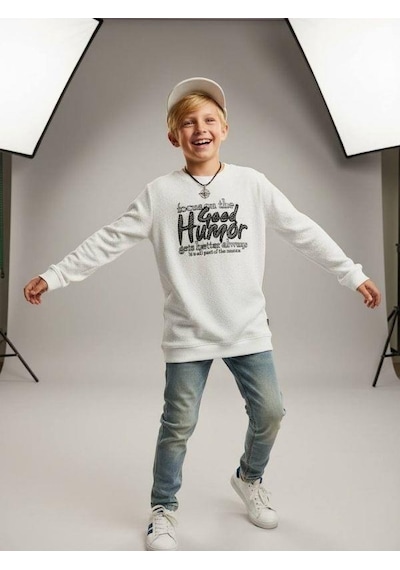 Zekids Erkek Çocuk Good Humor Yazılı Uzun Kollu İnce Triko T-shirt-16647 Beyaz