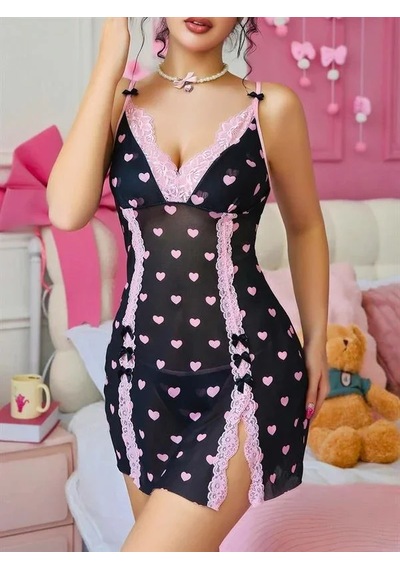 Ang Butik Kadın Siyah Desenli Dantel İşlemeli Gecelik
