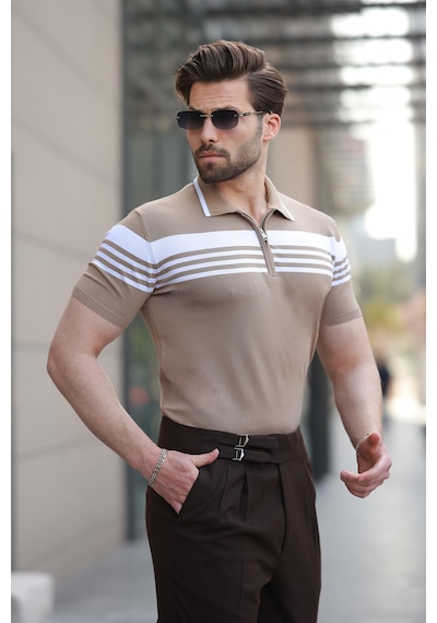 Madmext Vizon Fermuarlı Polo Yaka Erkek Triko T-shirt E7407 Vizon