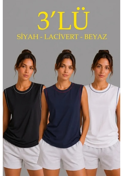 Modi 3 Lü Kolsuz Sporcu Atlet Seti Yazlık Bisiklet Yaka - Siyah, Lacivert, Beyaz Açık Krem - Siyah
