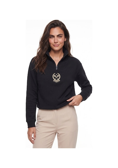 Onloox Kadın Siyah Siyah Pamuklu Dik Yaka Crop Form Yarım Fermuarlı İçi Polarlı Uzun Kollu Sweatshirt