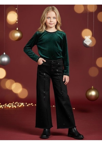 Zekids Kız Çocuk Yumuşak Dokulu Taş İşlemeli Geniş Paçalı Kot Pantolon-16478 Siyah