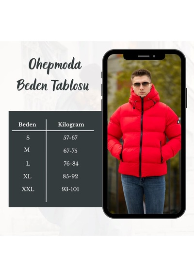 Ohepmoda İçi Kürklü Kapüşonlu Su Ve Rüzgar Geçirmez Erkek Şişme Mont Kırmızı