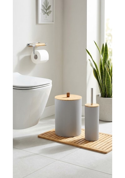 Makri Home 5 Parça Yuvarlak Banyo Seti, Bambu Kapaklı, Gri, Hacim: 7 Litre Gri