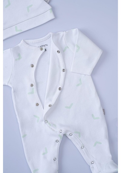 Boumini Bebek Patikli Tulum Şapka Set Beyaz Desenli Yeşil Tik Yeşil