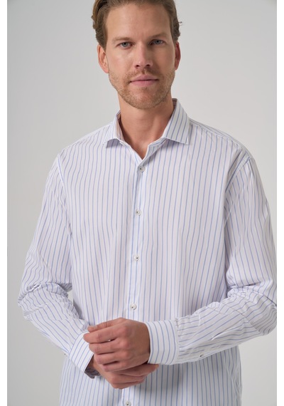 Morven Erkek A. Mavi Pamuk Trend Çizgili Slim Fit Yarım İtalyan Yaka Gömlek 26mc004029311 A. Mavi