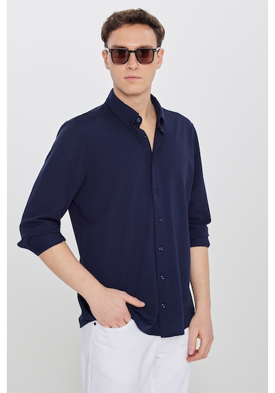 Ac&Co / Altınyıldız Classics Erkek Lacı Pamuklu Tailored Slim Fit Dar Kesim Düğmeli Yaka Örme Gömlek