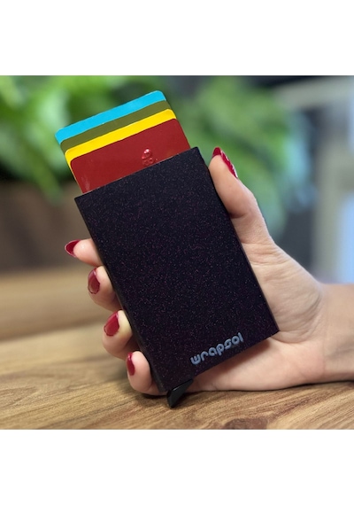Wrapsol Mekanizmalı Kartlık Rfid Korumalı Alüminyum Otomatik Mekanizmalı Kredi Kartlık Renkli Mat Kırmızı Mor Simli Siyah Mor Simli Siyah Mor - Siyah