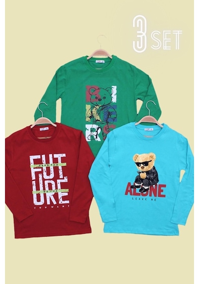 Panios Kids 3'lü Düz Basketball-retro Car-todaying Erkek Çocuk Uzun Kol Yeşil-kırmızı-turkuaz Sweatshirt Çok Renkli