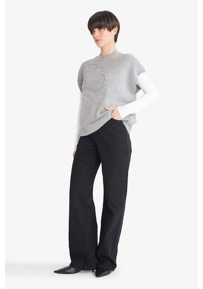 Defacto Relax Fit Bisiklet Yaka Çiçekli Triko Süveter G3324ax25augr156 Gri-gr156
