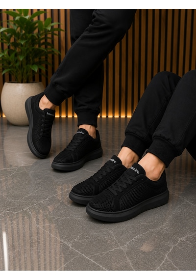 Günlük Rahat Taban Bağcıklı Sneaker Spor Ayakkabı Siyah