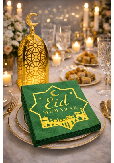 Eid Mubarak 20li Yeşil Altın Varaklı Desenli Peçete