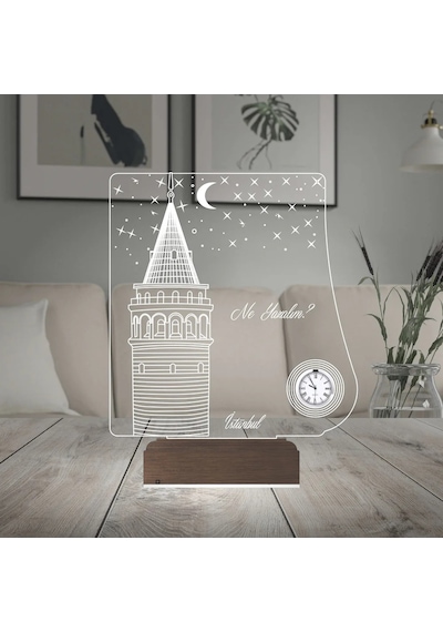Luvivia İstanbul Galata Kulesi Kişiye Özel Metal Saatli 3d Lamba - Masa Gece Lambası