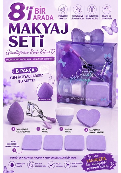 8 Parça Mor Makyaj Süngeri, Fırçası Ve Kirpik Kıvırıcı Seti
